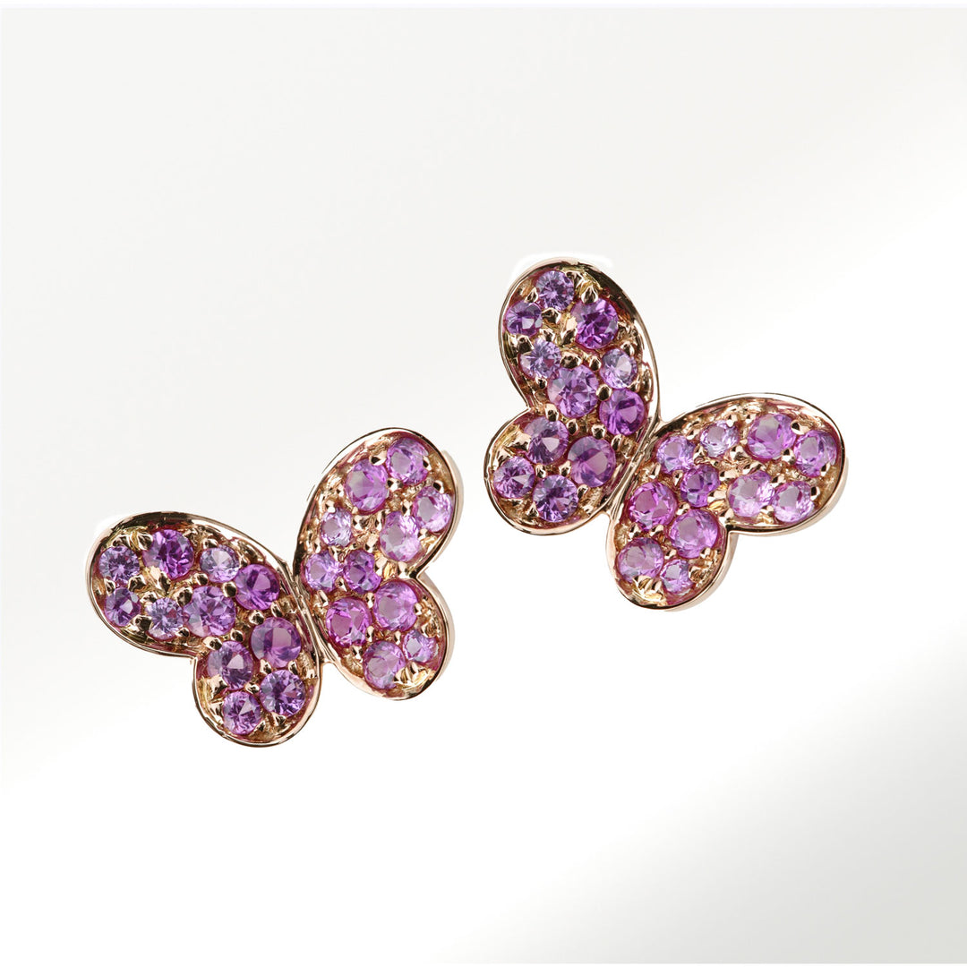 Pendientes de la Colección Mariposas de oro rosa de 18 quilates y zafiros rosas de 0’53 quilates By Elena carrera