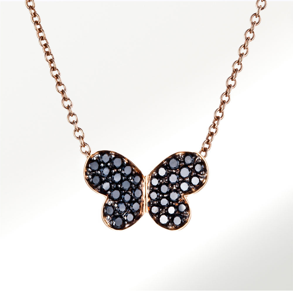 Colgante mediano de la Colección Mariposas de oro rosa de 18 quilates y diamantes negros by Elena Carrera