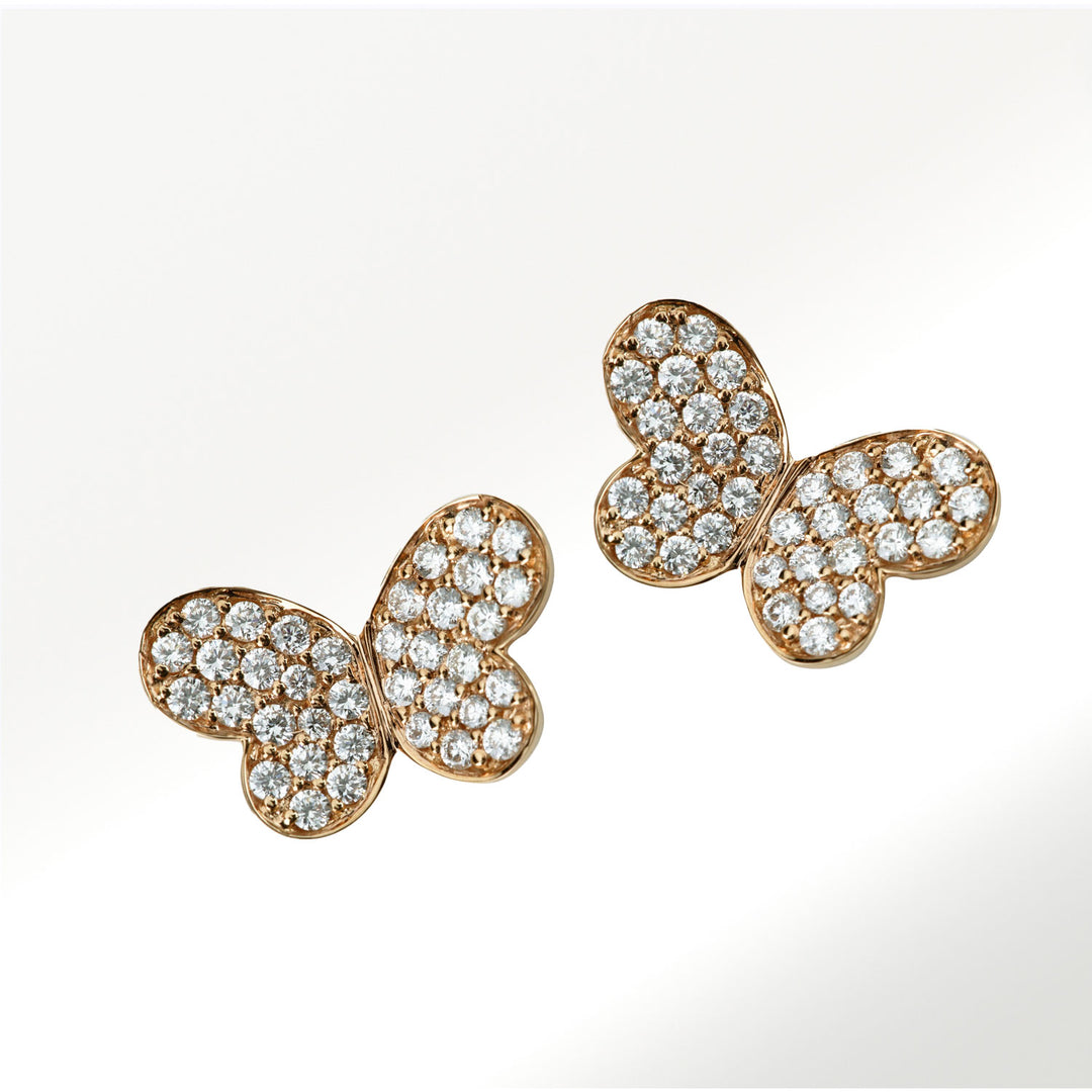 Pendientes grandes de la Colección Mariposas de oro rosa de 18 Kt y diamantes en talla brillante, con un peso total de 0’77 quilates By Elena carrera