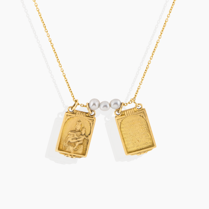 Collar Escapulario Oro Amarillo Perlas