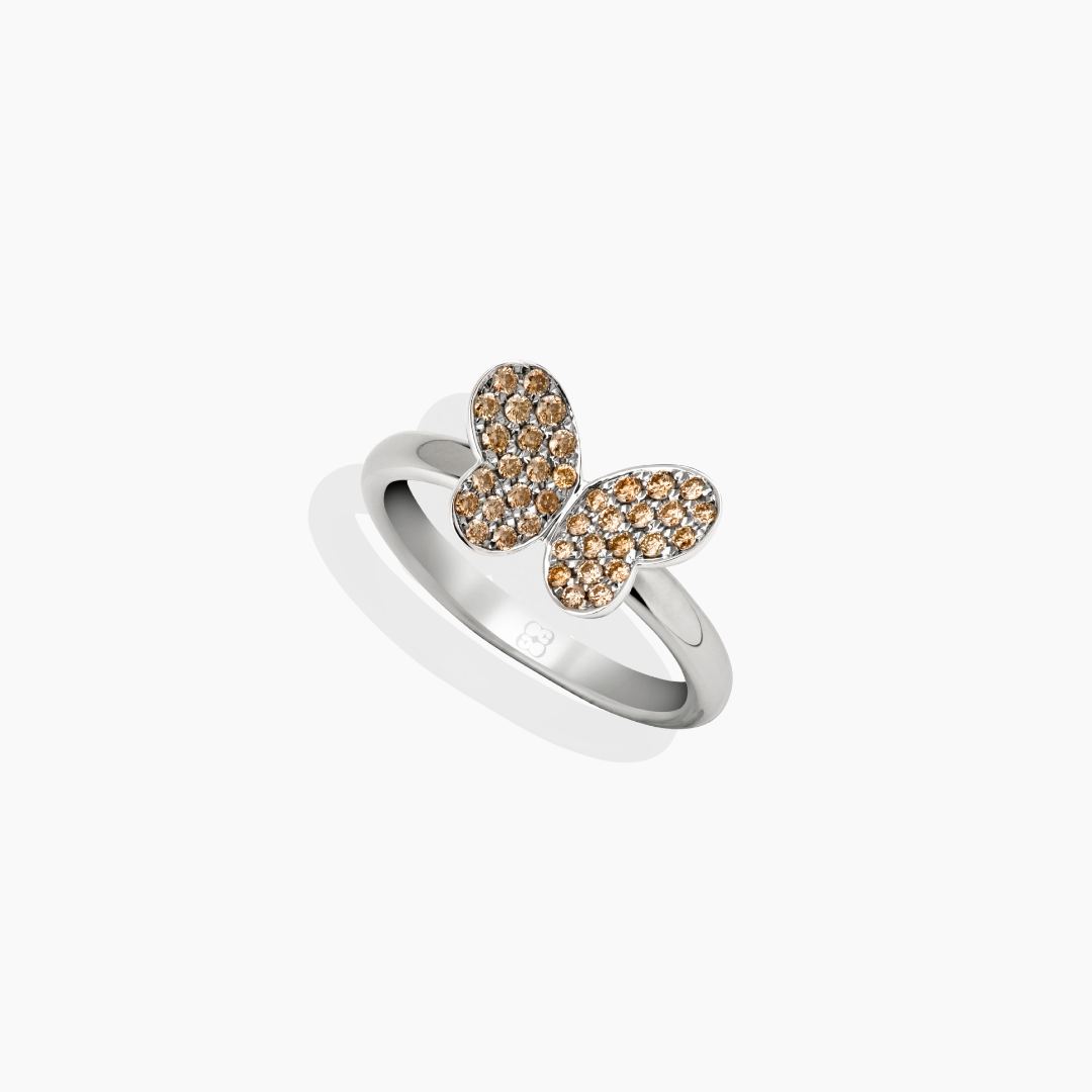 White gold and brown diamond butterflies ring 