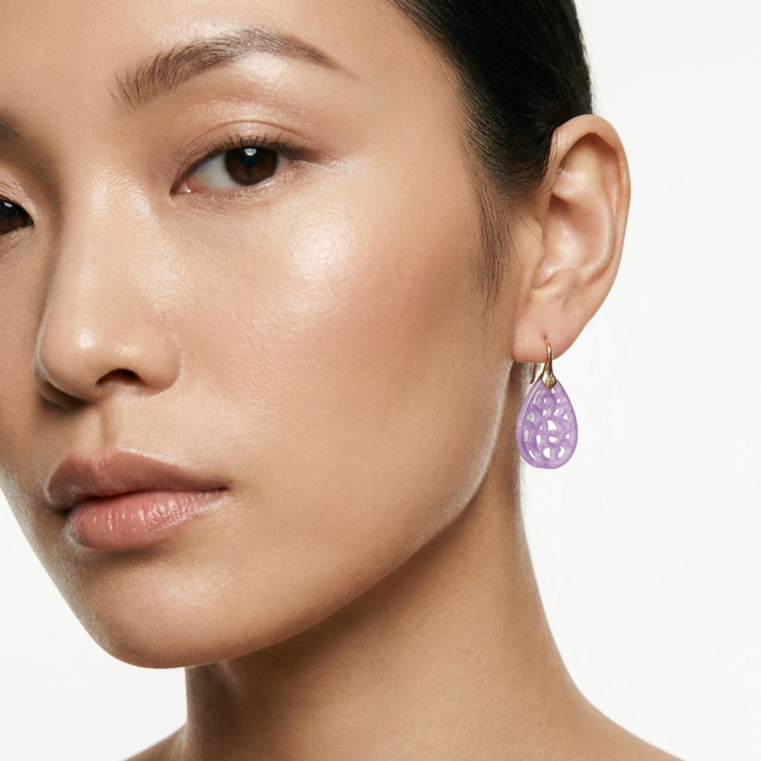 Pendientes Monaquelas – Jade Lavanda Celosía Oro Amarillo 18k